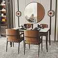 Elegant Dining Table Set With Leather Chairs Round Decorative Mirror And Wall Art Panels 3d model