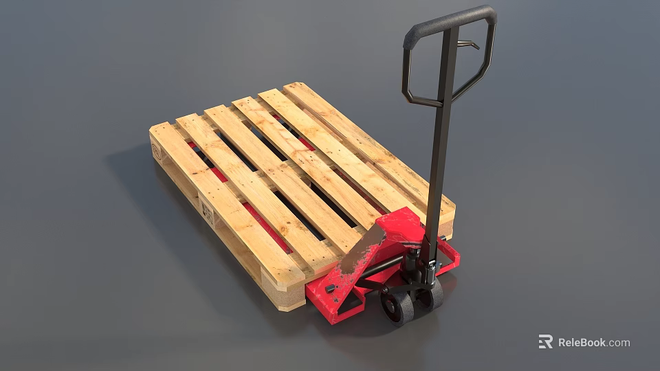 Wooden Pallet Truck With Red Base Black Handle And Wheels For Material Handling 3d model 