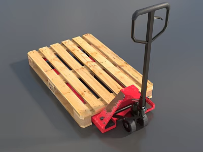 Wooden Pallet Truck With Red Base Black Handle And Wheels For Material Handling 3d model