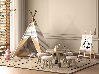 Kids Playroom Table with Stools Teepee Easel and Toy on Polka Dot Rug 3d model