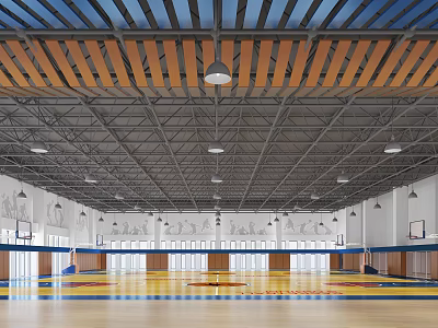 Modern Basketball Gymnasium Interior With Wooden Floors Multiple Hoops Ceiling Lights And Metal Frames 3d model