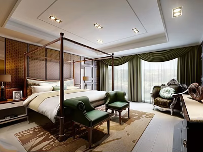 Elegant Hotel Guest Room Interior With Four Poster Bed Green Chairs And Curtains 3d model