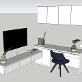 Minimalist White Desk With Blue Chair Wall Cabinets Lamp Books And Plant