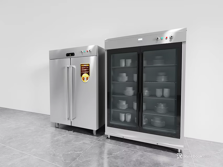 Modern Stainless Steel Double Door Kitchen Appliances With Glass Door Storage For Plates And Cups 3d model 