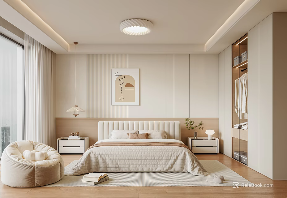 Modern Bedroom With Beige Walls Abstract Painting Nightstands Table Lamps Bean Bag Chair Open Wardrobe 3d model 