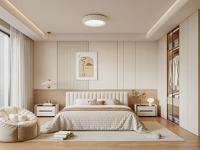 Modern Bedroom With Beige Walls Abstract Painting Nightstands Table Lamps Bean Bag Chair Open Wardrobe 3d model