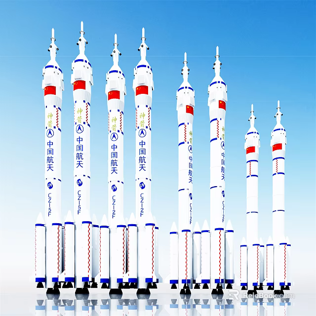Chinese Long March Rockets With White Bodies Red Blue Markings Against Blue Sky 3d model 