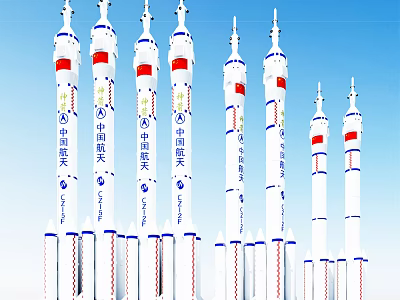 Chinese Long March Rockets With White Bodies Red Blue Markings Against Blue Sky 3d model