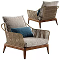 Modern Wicker Leisure Chair With Wooden Frame And Gray Blue Soft Cushions