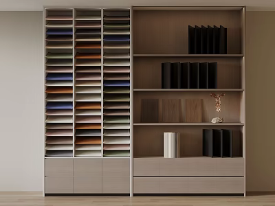 Colorful Fabric Samples In Drawer Cabinet With Shelving Unit Black Folders Wooden Panels Decorative Object 3d model