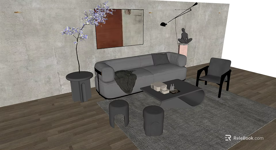 Modern Gray Sofa and Coffee Table Set with Ottomans Rug and Wall Art 3d model