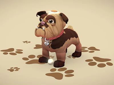 Cute Pug Dog With Red Collar Surrounded By Brown Paw Prints And White Ball 3d model