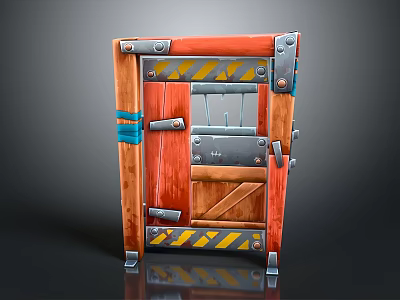 Wooden Door With Red Panels Yellow Stripes Metal Hinges And Blue Tape 3d model