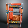 Wooden Door With Red Panels Yellow Stripes Metal Hinges And Blue Tape
