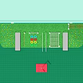 Green Kindergarten Building With Outdoor Playground Slides Colorful Rings Grass Lawn And Red Flag
