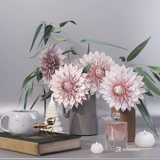 Elegant Decorative Ornament Set With Pink Dahlias Green Leaves Grey Vase And Gold Deer Figurine 3d model 
