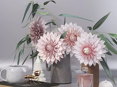 Elegant Decorative Ornament Set With Pink Dahlias Green Leaves Grey Vase And Gold Deer Figurine 3d model