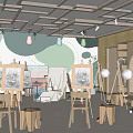 Spacious Book Art Studio With Easels Drawings Bookshelves Wooden Chairs Stools Hanging Lights Green Walls