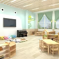 Bright Kindergarten Classroom Interior with Wooden Furniture TV Piano Bookshelves Play Mat Green Plants