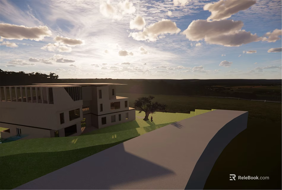 Modern Detached Villa Exterior With Green Lawn Trees And Blue Sky View 3d model 