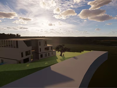 Modern Detached Villa Exterior With Green Lawn Trees And Blue Sky View 3d model