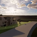 Modern Detached Villa Exterior With Green Lawn Trees And Blue Sky View