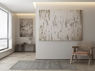 Modern Living Room With Abstract Art Wicker Chair Rug And Side Table 3d model