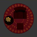 Red Tufted Armchair And Ottoman With Small Table Lamp On Round Rug With Orange Patterns