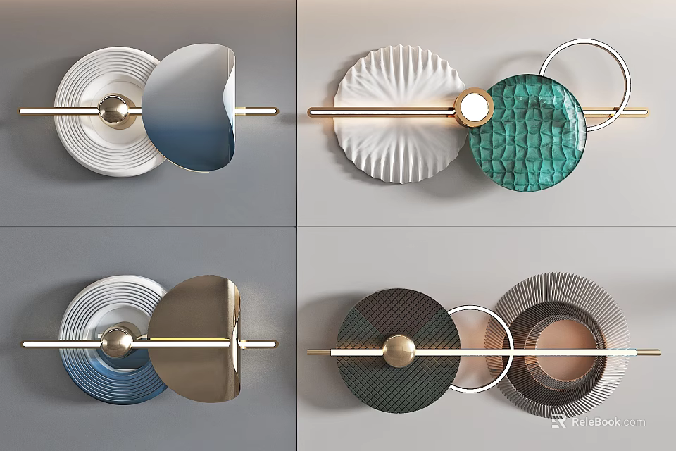 Modern Geometric Wall Decor with Circular Elements Metallic Rods and Textured Panels 3d model 