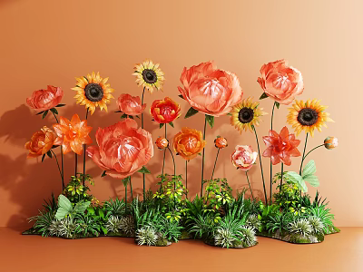 Eye Catching Floral Installation Featuring Colorful Sunflowers Peonies And Lush Greenery 3d model