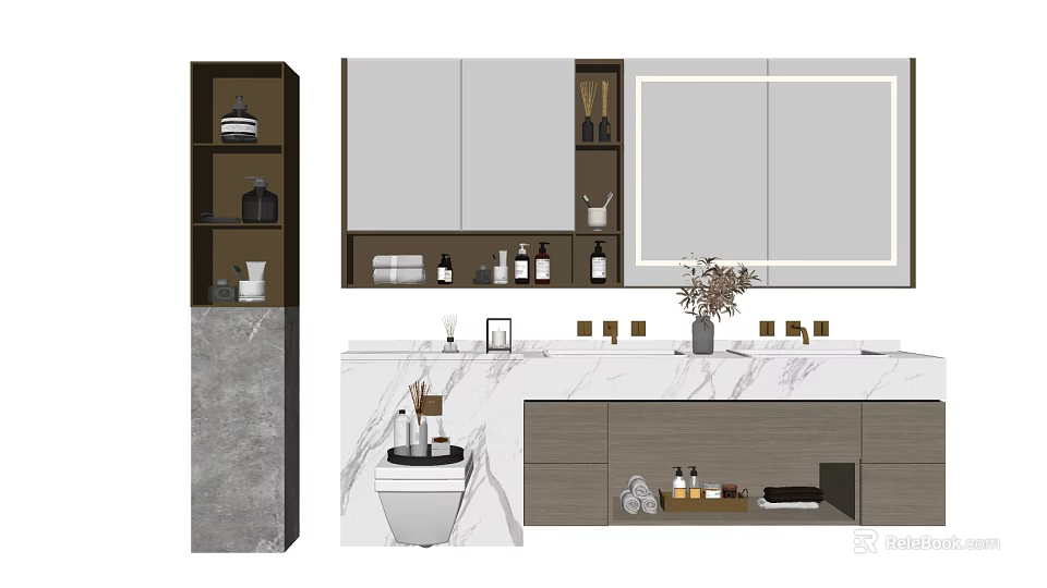 Modern Bathroom Vanity With Marble Countertop Backlit Mirror And Storage Cabinets 3d model
