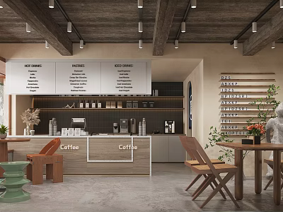 Modern Café Interior Design With Wooden Ceiling White Menu Boards And Cozy Tables Chairs 3d model