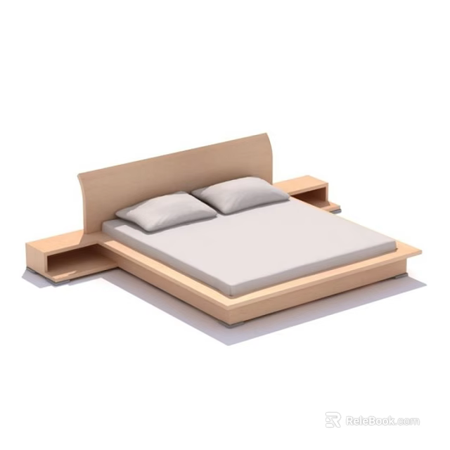 Modern Wooden Double Bed with Curved Headboard Side Storage Shelves and Light Mattress 3d model 