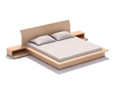 Modern Wooden Double Bed with Curved Headboard Side Storage Shelves and Light Mattress 3d model