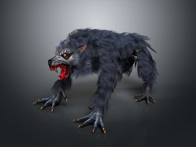 Game Movie Character With Aggressive Stance Black Fur Open Mouth Sharp Fangs Yellow Eyes And Claws 3d model