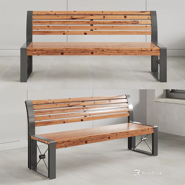 Outdoor Bench With Wooden Slat Seat And Metal Frame For Garden Use 3d model 