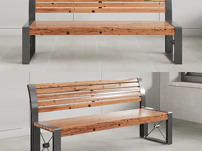 Outdoor Bench With Wooden Slat Seat And Metal Frame For Garden Use 3d model