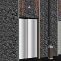 Modern Elevators With Stainless Steel Doors Red Accent Frames And Dark Textured Walls 3d model