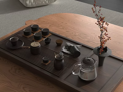 Traditional Tea Set With Black Cups Teapot Tray And Flower Vase On Wooden Table 3d model