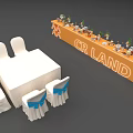 Elegant Event Table And Chairs Setup With White Seats Blue Bows And Orange Backdrop