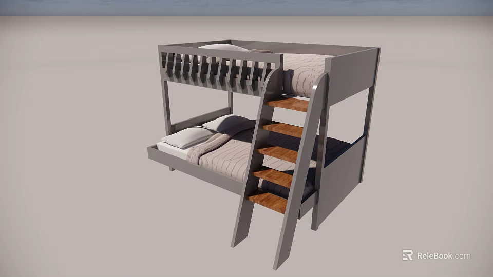 Sturdy Modern Bunk Bed With Wooden Ladder Guardrail And Twin Mattresses 3d model 