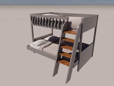 Sturdy Modern Bunk Bed With Wooden Ladder Guardrail And Twin Mattresses 3d model