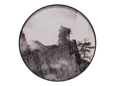 Round Traditional Chinese Ink Painting With Ancient Tower Mountain Mist And Pine 3d model