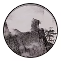 Round Traditional Chinese Ink Painting With Ancient Tower Mountain Mist And Pine