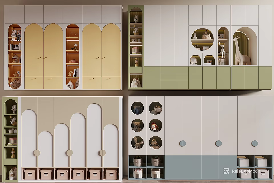 Modern Multicolor Bookcase Design With Arched Doors Round Shelves And Storage Drawers 3d model 