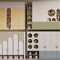 Modern Multicolor Bookcase Design With Arched Doors Round Shelves And Storage Drawers