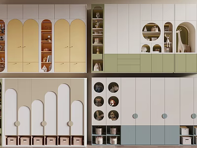 Modern Multicolor Bookcase Design With Arched Doors Round Shelves And Storage Drawers 3d model