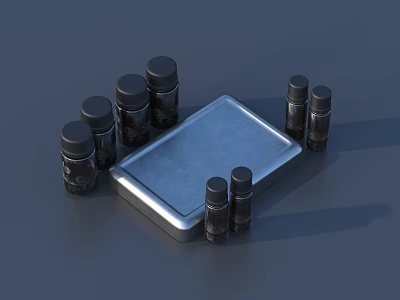 Storage Shelf With Metal Tray And Dark Bottles On Dark Background 3d model
