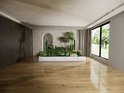 Elegant Indoor Landscape With Arched Niche Planter Box Plants And Large Window On Wooden Floor 3d model