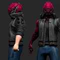 Game Movie Character With Red Helmet Black Jacket Blue Pants And Multiple Angles